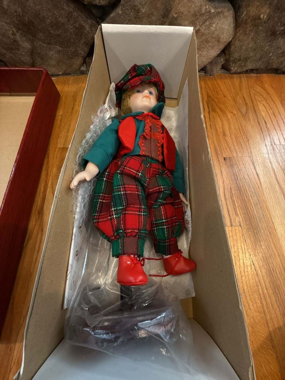 Dynasty Doll Collection Porcelain Bisque Doll in Christmas Plaid